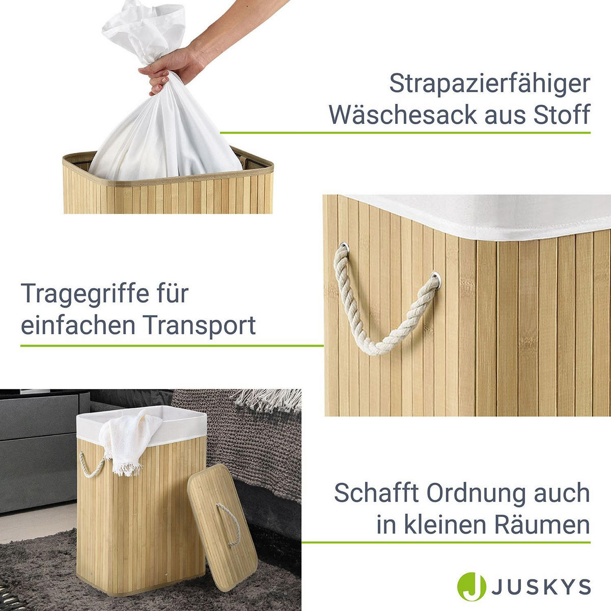 WÄSCHEKORB Curly 72 L natur - Naturfarben, Holz (40/60/30cm) - Juskys