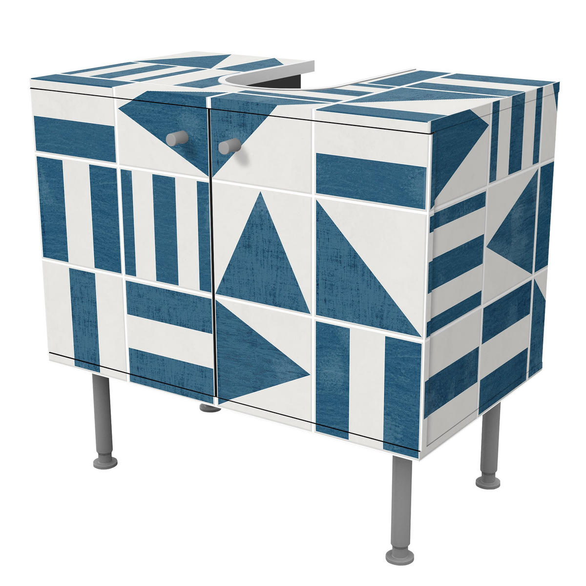 WASCHBECKENUNTERSCHRANK Fliesen mit geometrischen Formen Blau Shabby 60/55/35 cm - Blau, Holzwerkstoff (60/55/35cm) - Bilderwelten