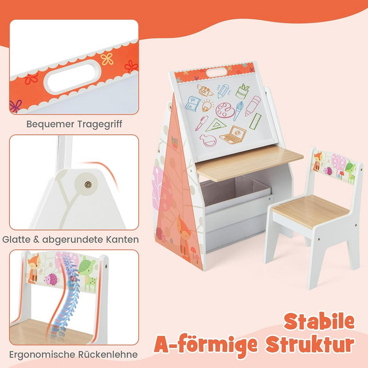 KINDERSITZ-SET mit magnetischer Whiteboard-Tafel weiß(2-tlg) - Weiß, Holzwerkstoff (50/85/50cm) - COSTWAY