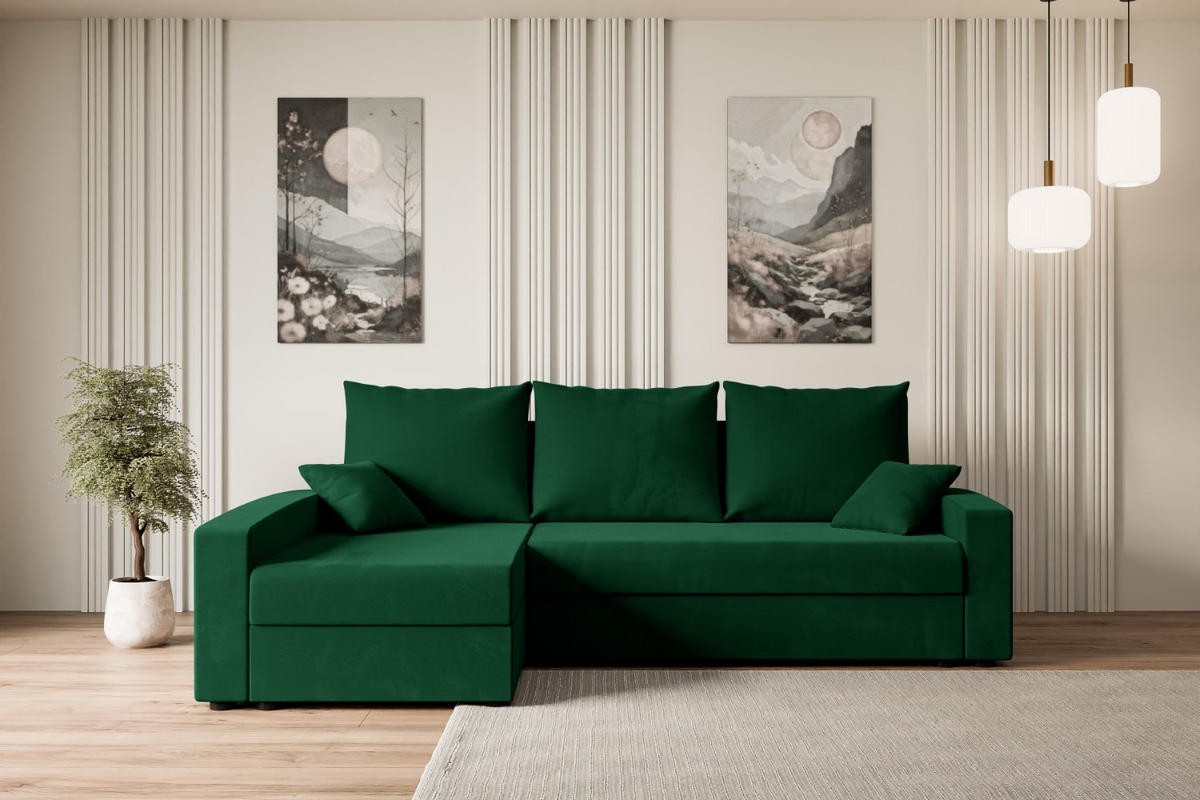 ECKSOFA mit Schlaffunktion und Bettkasten ALESIA-L 231x140x90 cm Grün Velours - Silberfarben/Grün, Holzwerkstoff/Kunststoff (231/140cm) - ALTDECOR