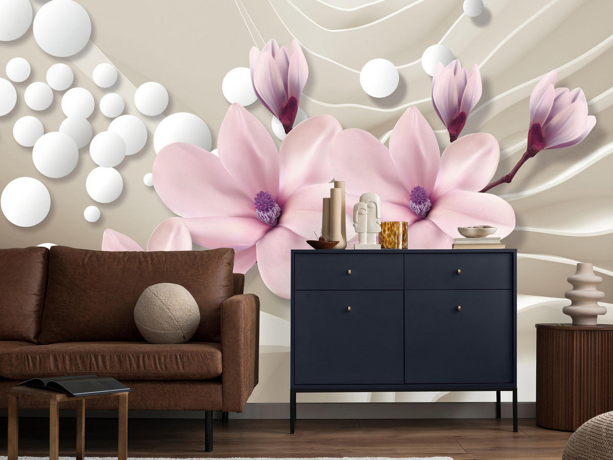FOTOTAPETA Pre Obývaciu Izbu KVETY Magnólie RUŽOVÁ Vlnité Priestorové Pozadie 450 x 315 cm - biela/ružová, papier (450/315cm) - Muralo