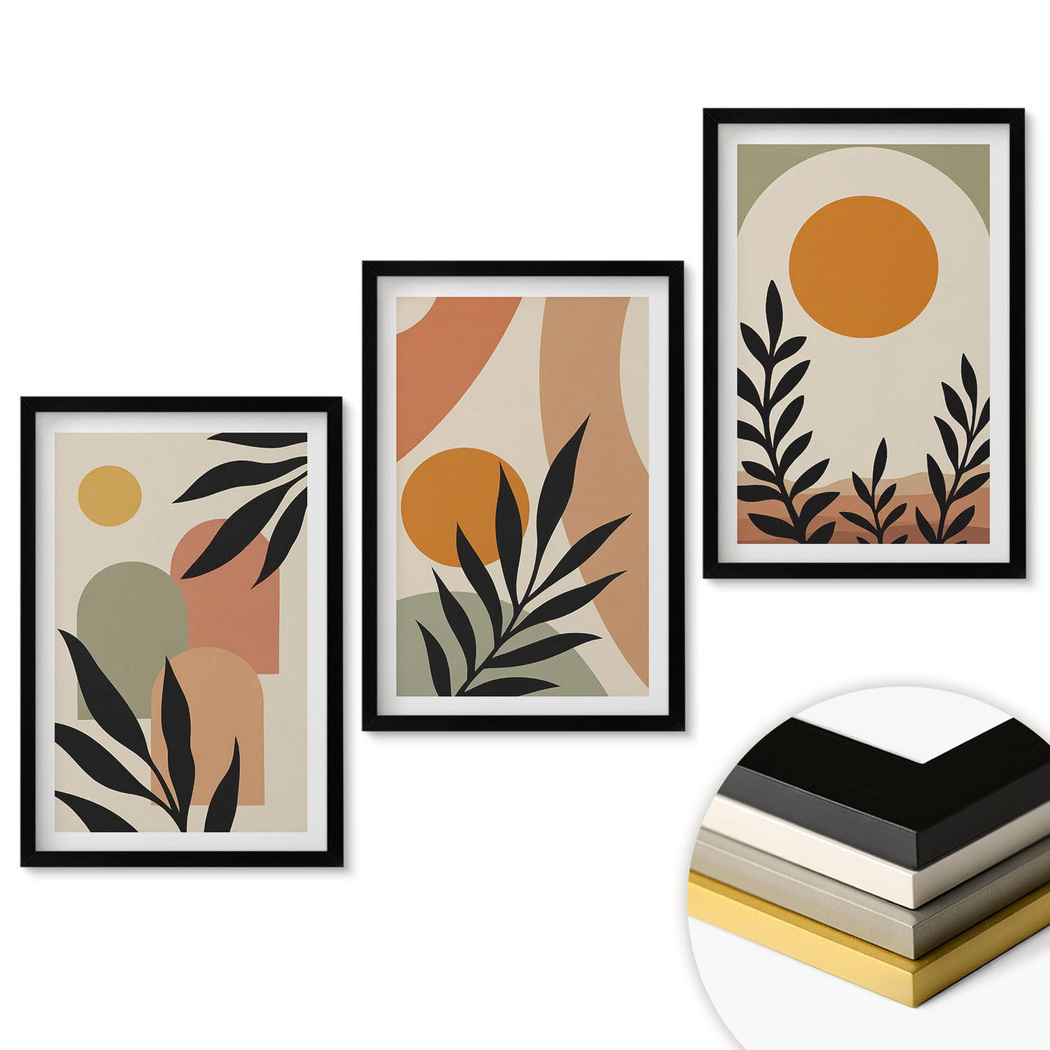 WANDBILDER 3er-Set - 40x60 cm Schwarzer Rahmen - Abstrakte Pflanzenformen - Schwarz, Kunststoff (40/60cm) - ArtPrintCave