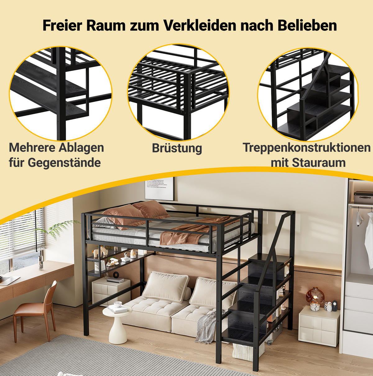 HOCHBETT 140/200 cm Schwarz aus Metall mit Stauraumleiter - Schwarz, Metall (140/200cm) - OKMYHOME