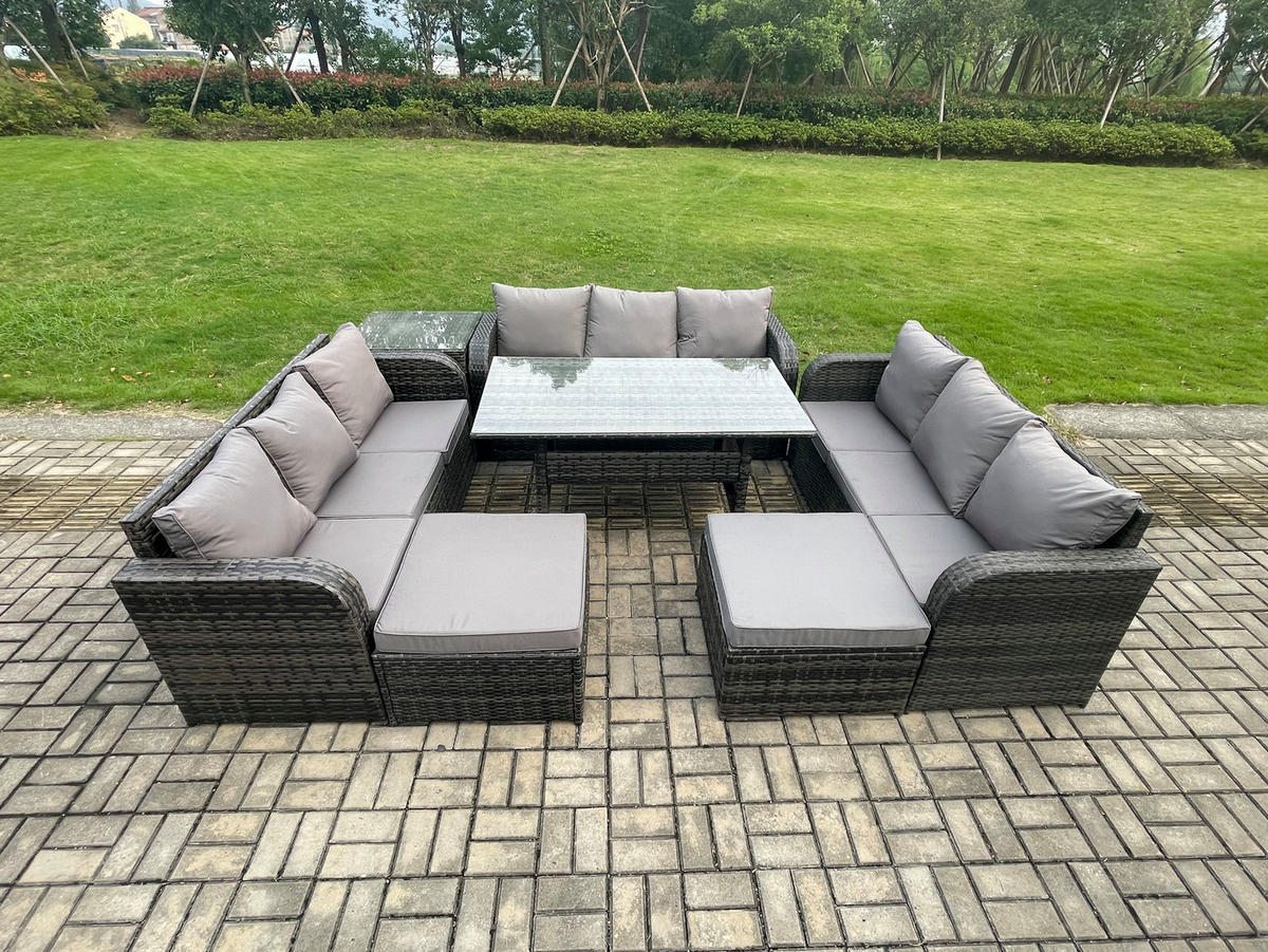 GARTENTISCHGRUPPE mit 2 Hocker Beistelltisch Polyrattan Dunkelgrau 11-Sitzer - Dunkelgrau/Grau, Glas/Kunststoff - Fimous