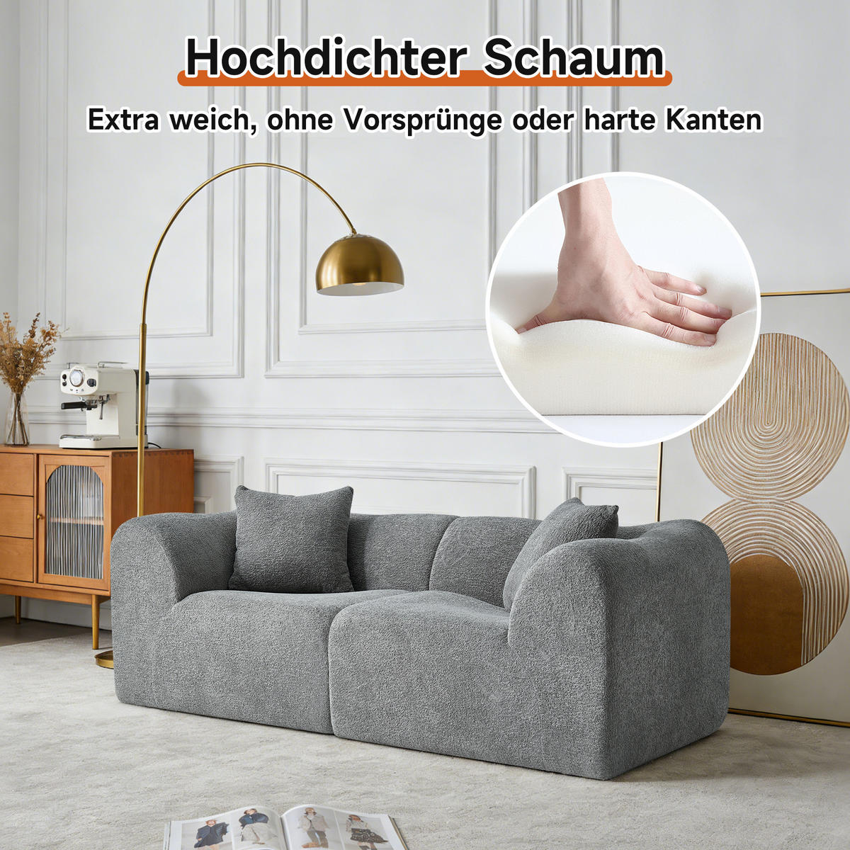 2-SITZER Sofa Samt mit Kissen und Anti-Rutsch-Pads 193/87/67 cm Grau - Grau, Textil (87/67/193cm) - Redom