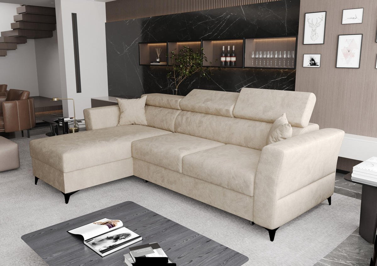 ECKSOFA L Form Ribella Beige 265/180/100 cm Links mit Schlaffunktion - Beige/Schwarz, Textil/Metall (180/265cm) - AX Living
