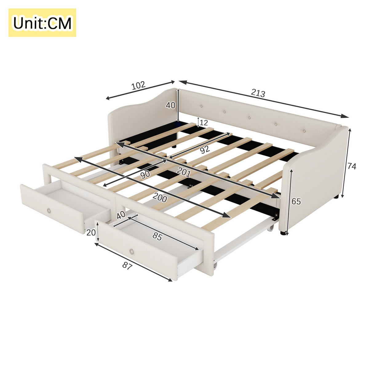 TAGESBETT 90/200 cm Beige aus Leinen mit ausziehbarem Bett und 2 Schubladen - Beige, Textil (90/200cm) - OKWISH