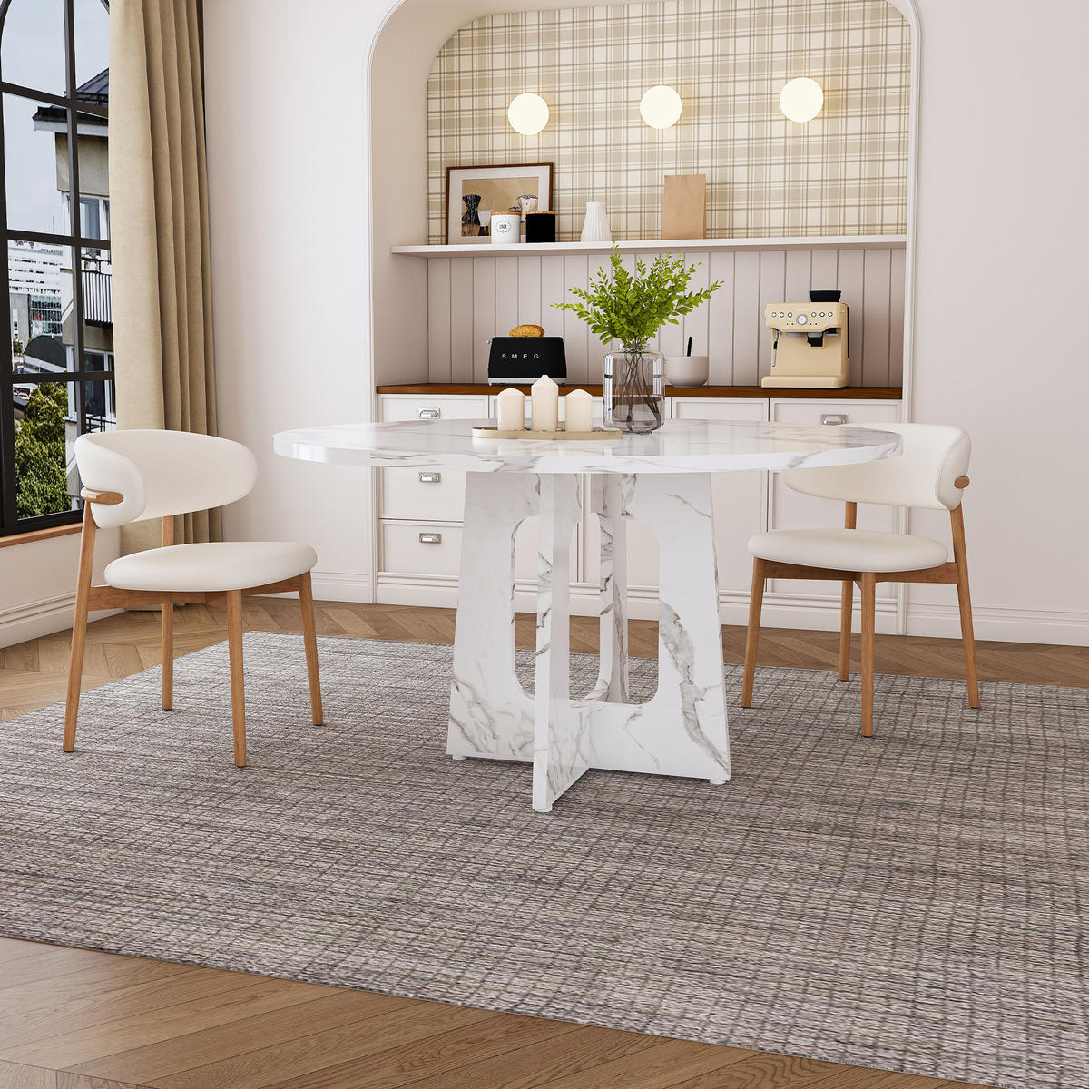 JÍDELNÍ STŮL v bílé barvě s MDF deskou a ořechovou dýhou do jídelny a obývacího pokoje, 120×120×76 cm - bílá, kompozitní dřevo (120/120/76cm) - STILVORA