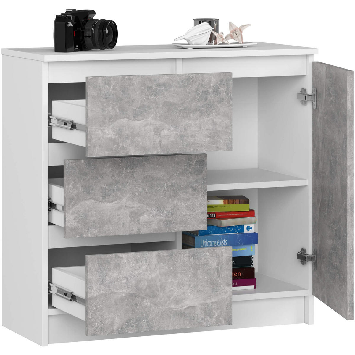 KOMMODE Jerry, Weiß-Beton, 35x80x77 cm - Graphitfarben/Weiß, Holz (80/77/35cm) - Milordbikes