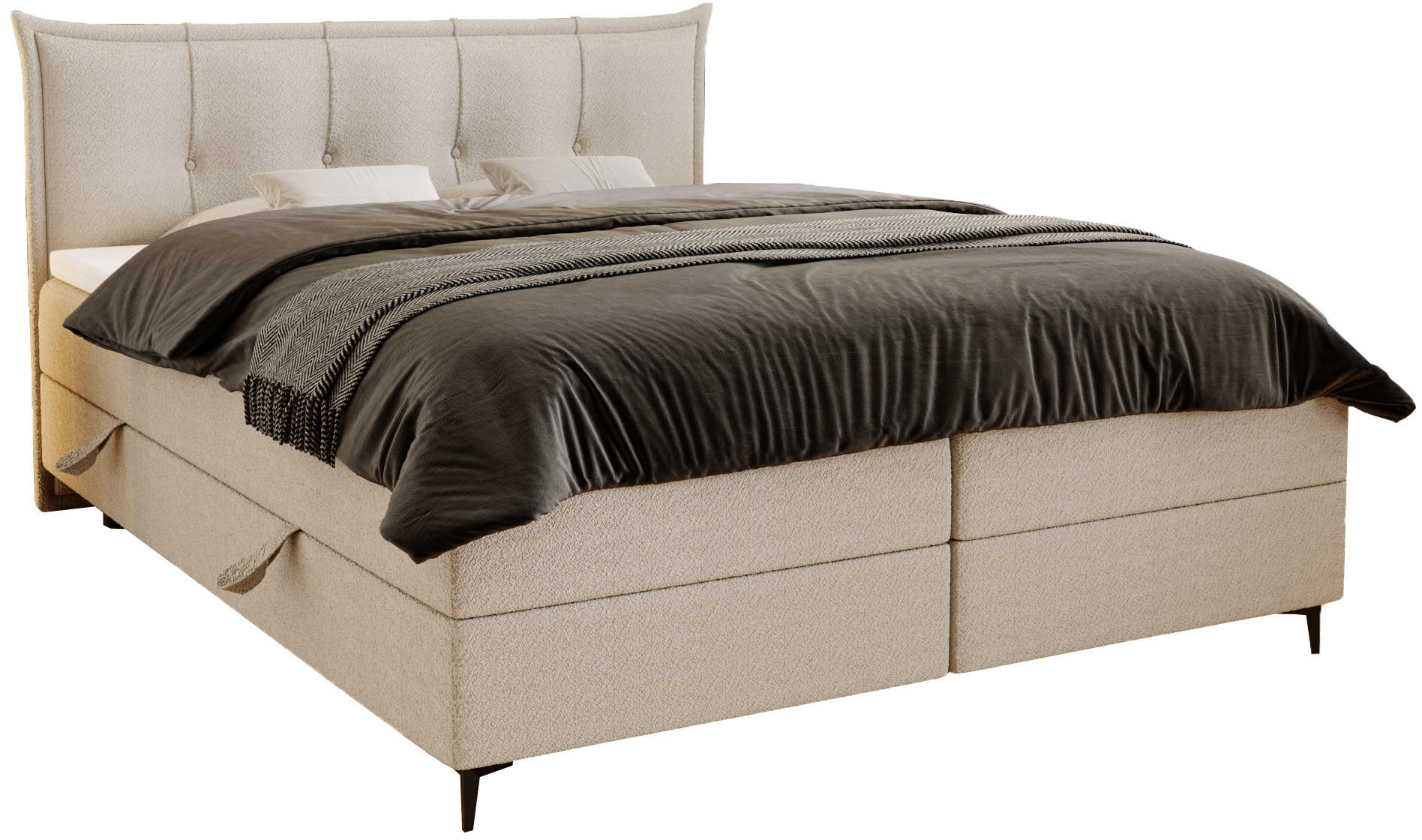 BOXSPRINGBETT Boucle 180x200 Liron mit Kissen-Kopfteil und Matratze, Creme - Creme, Holz/Textil (180/200cm) - Emporius