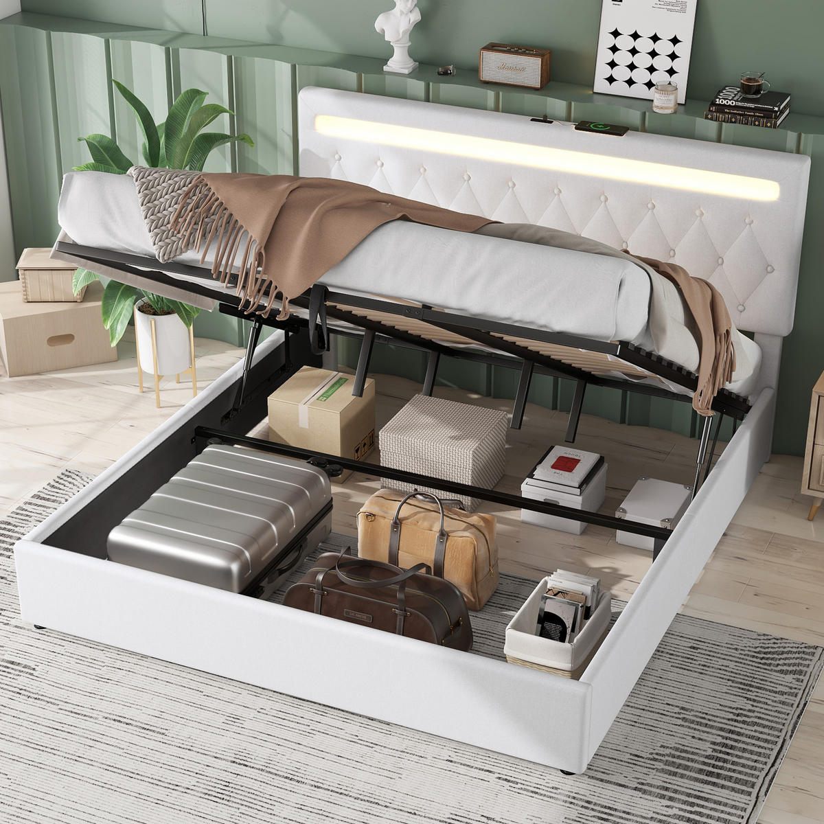 FLACHBETT 180x200cm Weiß gepolstert Hydraulik LED USB - Weiß, Holz (180/200cm) - FLIEKS