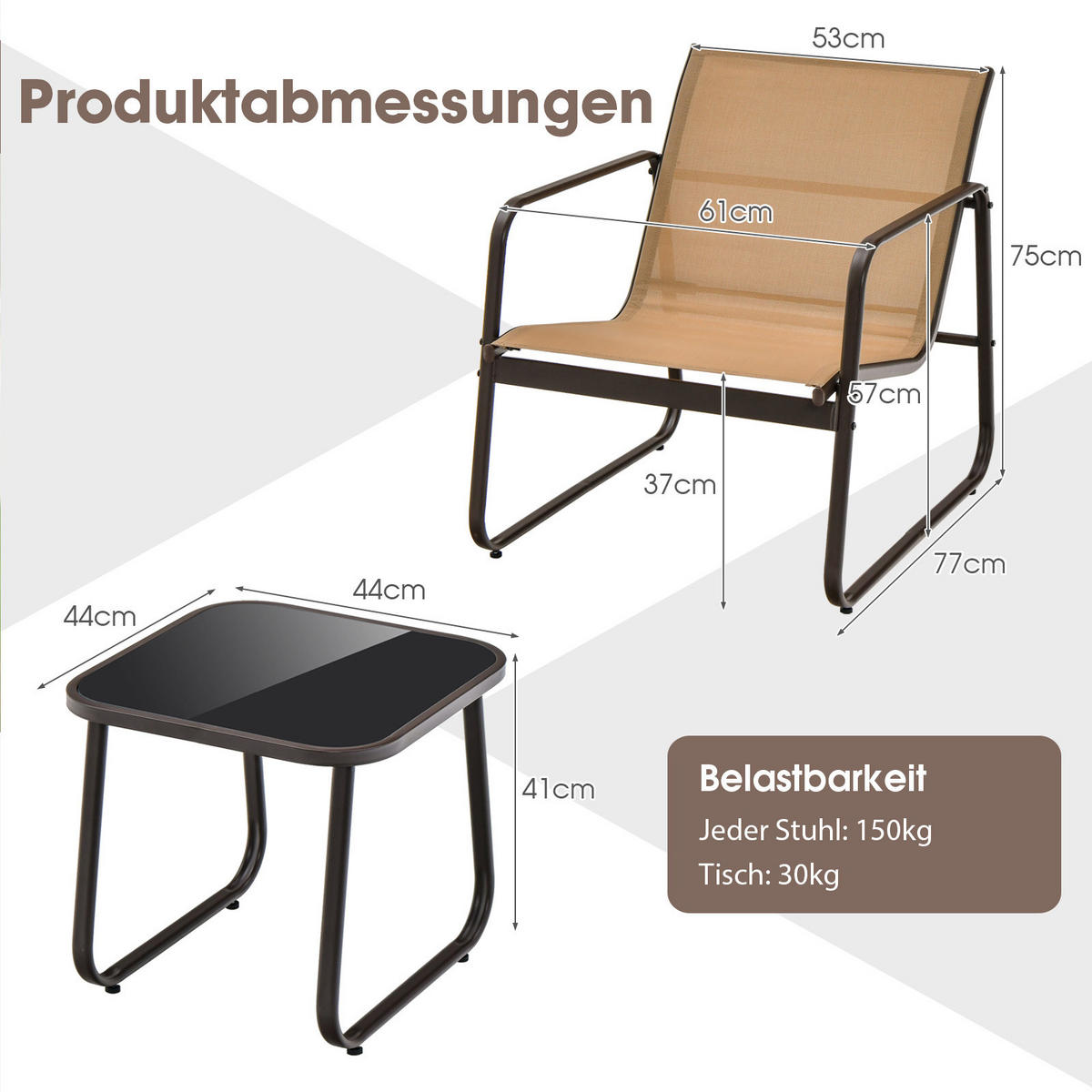 BALKONSET Braun(3-teilig) - Braun, Metall - COSTWAY