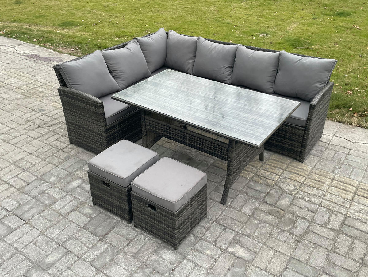 SITZGRUPPE mit Esstisch Polyrattan Dunkelgrau 8-Sitzer - Dunkelgrau/Grau, Glas/Kunststoff - Fimous