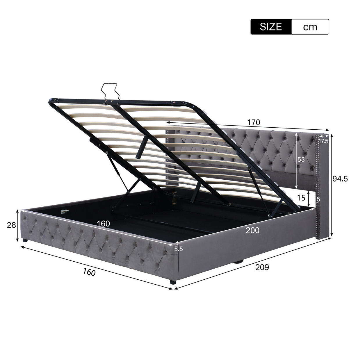 POLSTERBETT aus Samt 160x200 cm Grau mit hydraulischem Bettkasten und Chesterfield-Steppung - Grau, Textil (160/200cm) - Modfu