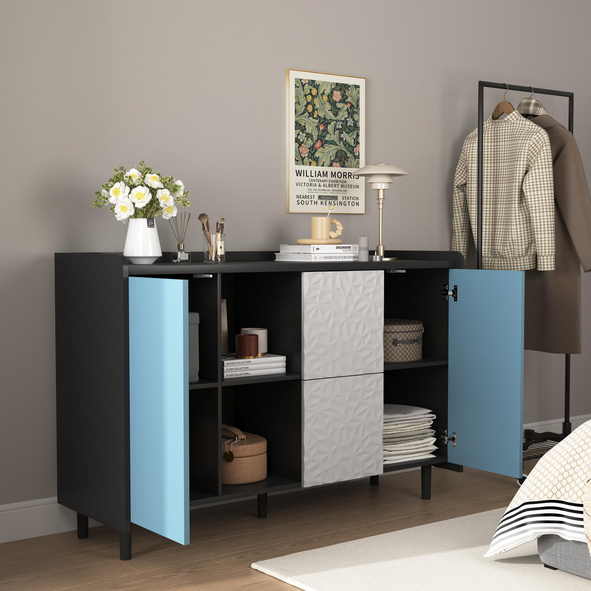SIDEBOARD Schwarz Blau Weiß, mit Türen, 2 Schubladen, Innenfächern und Strukturfront, 120/40/80 cm - Blau/Schwarz, Holzwerkstoff (120/80/40cm) - WISHDOR
