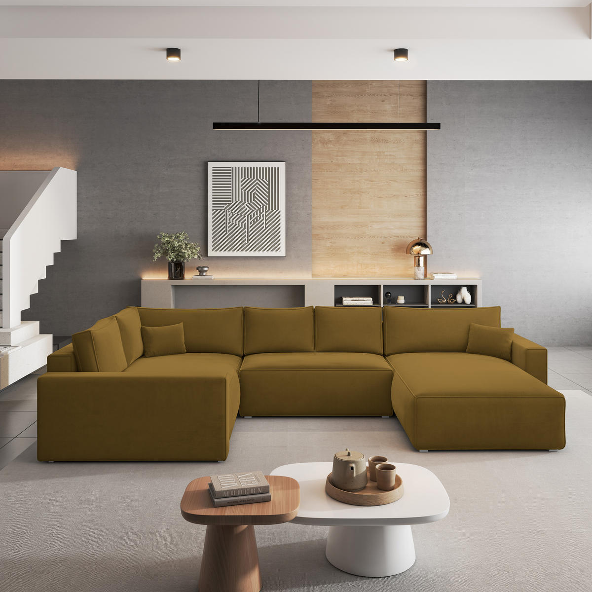 ROHOVÁ SEDAČKA VELAMI žlutá - šedá/žlutá, dřevo/textil (365/194cm) - MASSENO