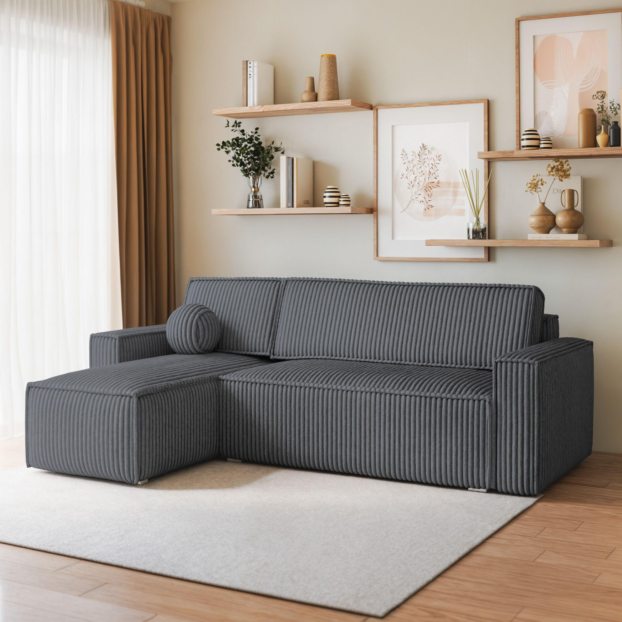 ECKSOFA RAVELO T Graphitfarben Kordstoff mit Schlaffunktion - Graphitfarben, Holz (240/140cm) - MASSENO