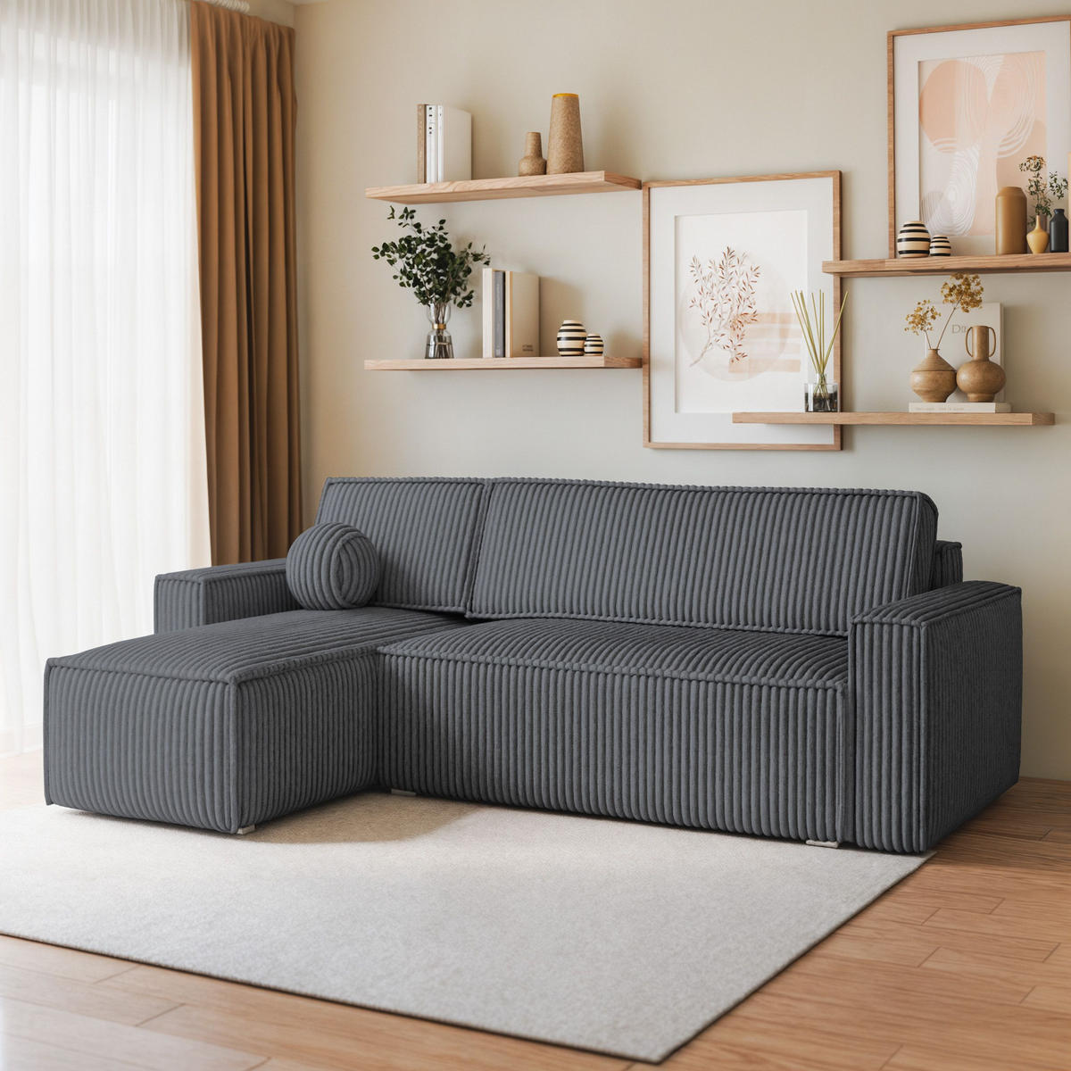 ECKSOFA RAVELO T Graphitfarben Kordstoff mit Schlaffunktion - Graphitfarben, Holz (240/140cm) - MASSENO