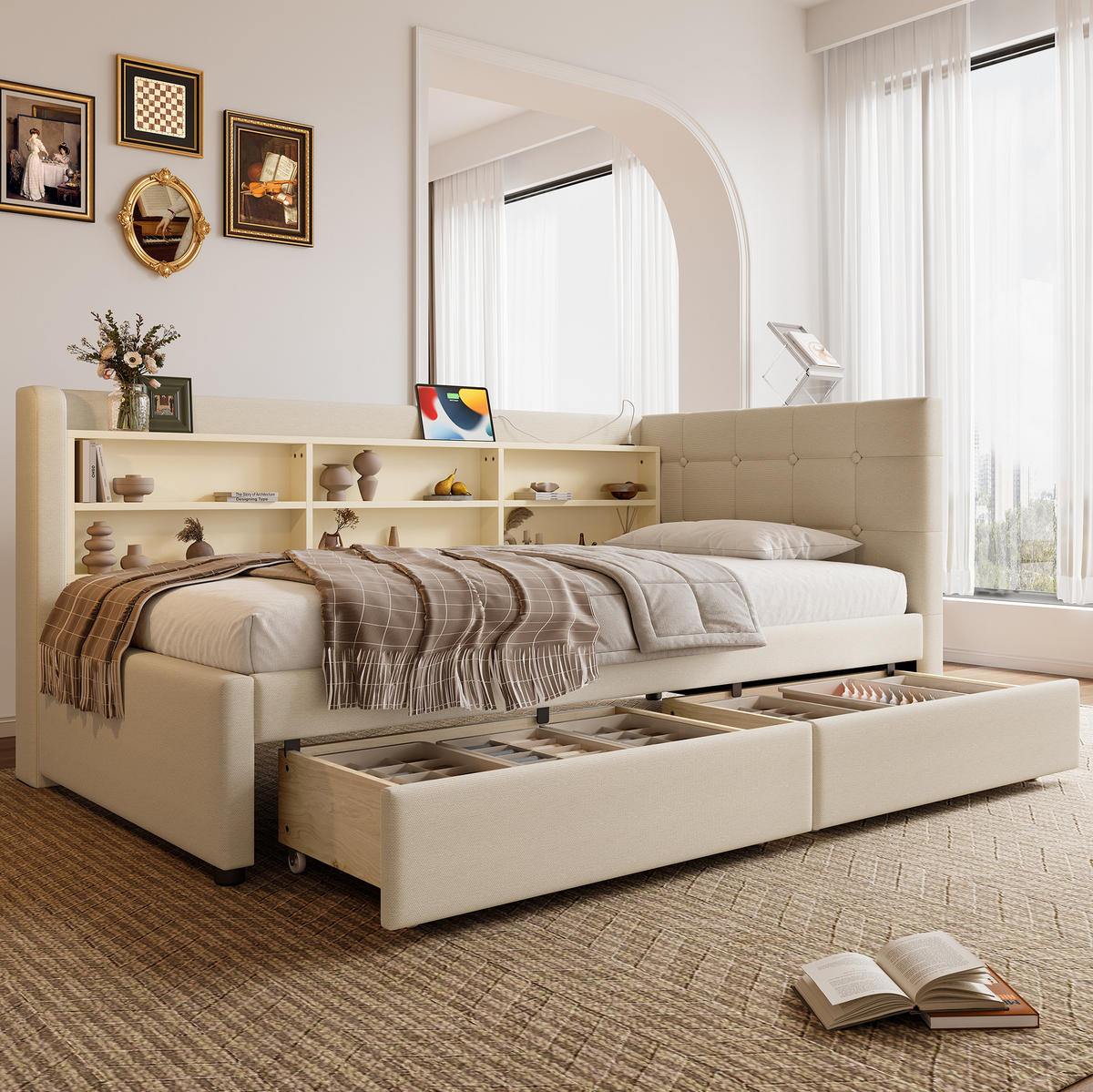 POLSTERBETT 90/200 cm aus Leinen mit 2 Schubladen, USB-C und Ablagefächern, Beige - Beige, Textil (90/200cm) - Redom