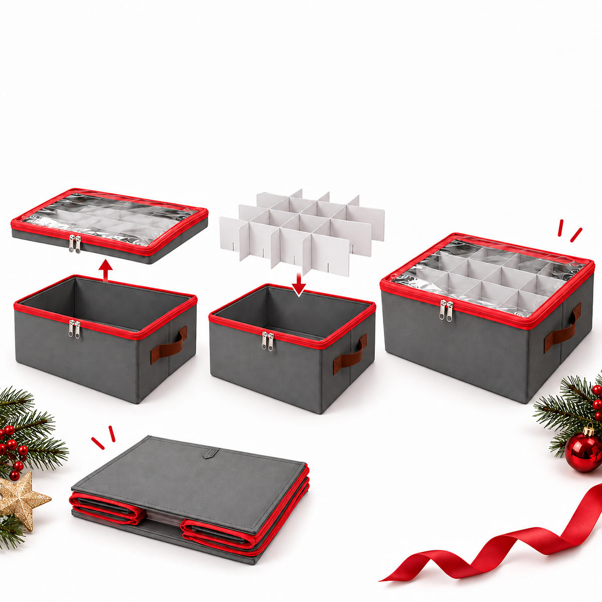 AUFBEWAHRUNGSBOX Grau 4er-Set für Weihnachtskugeln - Grau, Wellpappe/Kunststoff (32.5/36/32.5cm) - Relaxdays