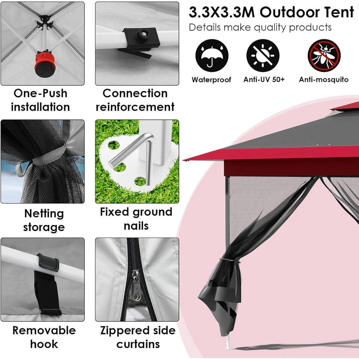 GARTENPAVILLON 3,3 x 3,3 m mit Moskitonetz und UV-Schutz - Multicolor, Metall (330/275/330cm)