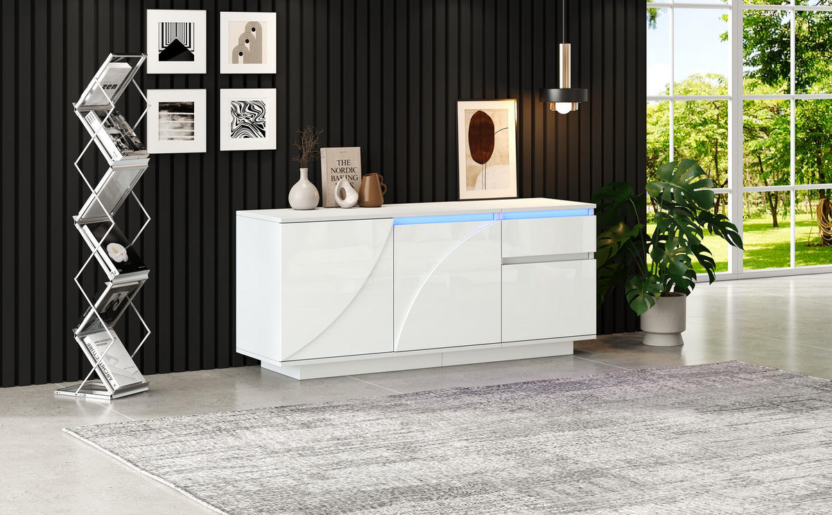 SIDEBOARD 140/40/60 cm, Hochglanz Weiß mit LED, 3 Schränke und 1 Schublade, verstellbare Einlegeböden，Weiß - Weiß, Holzwerkstoff (140/60/40cm) - Redom