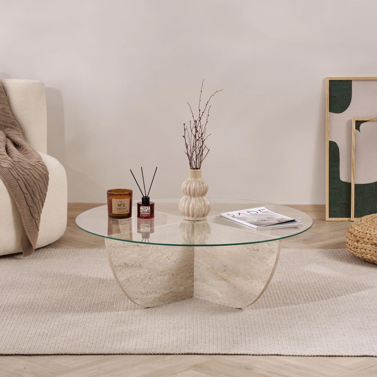 COUCHTISCH Liya Travertin - Beige, Glas (90/90/30cm) - Habitat Garten
