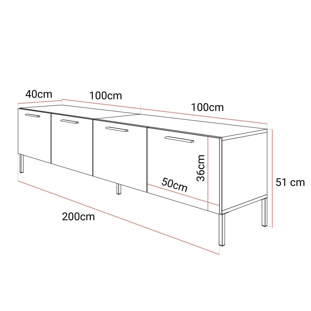 TV-ELEMENT AURA 200 KASCHMIR Hochglanz auf geraden kaschmirfarbenen Beinen + LED - Kaschmir, Holzwerkstoff (200/51/40cm) - Lookway