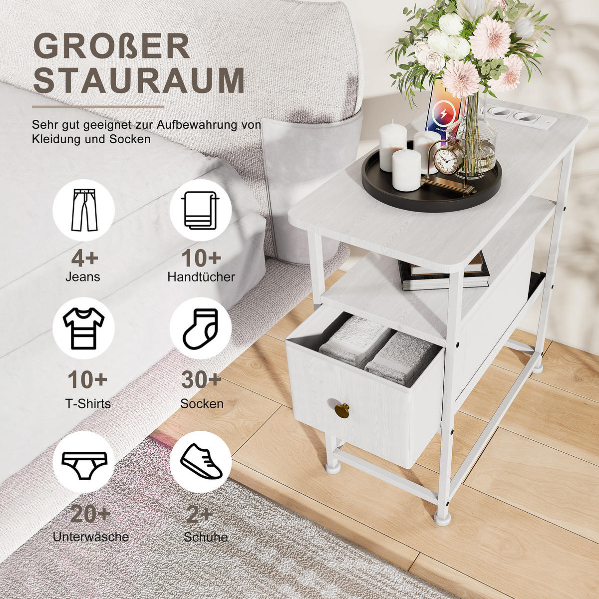 NACHTTISCH LED USB Schublade offene Fächer weiß - Weiß, Holz (60/62/30cm) - LEBENLANG