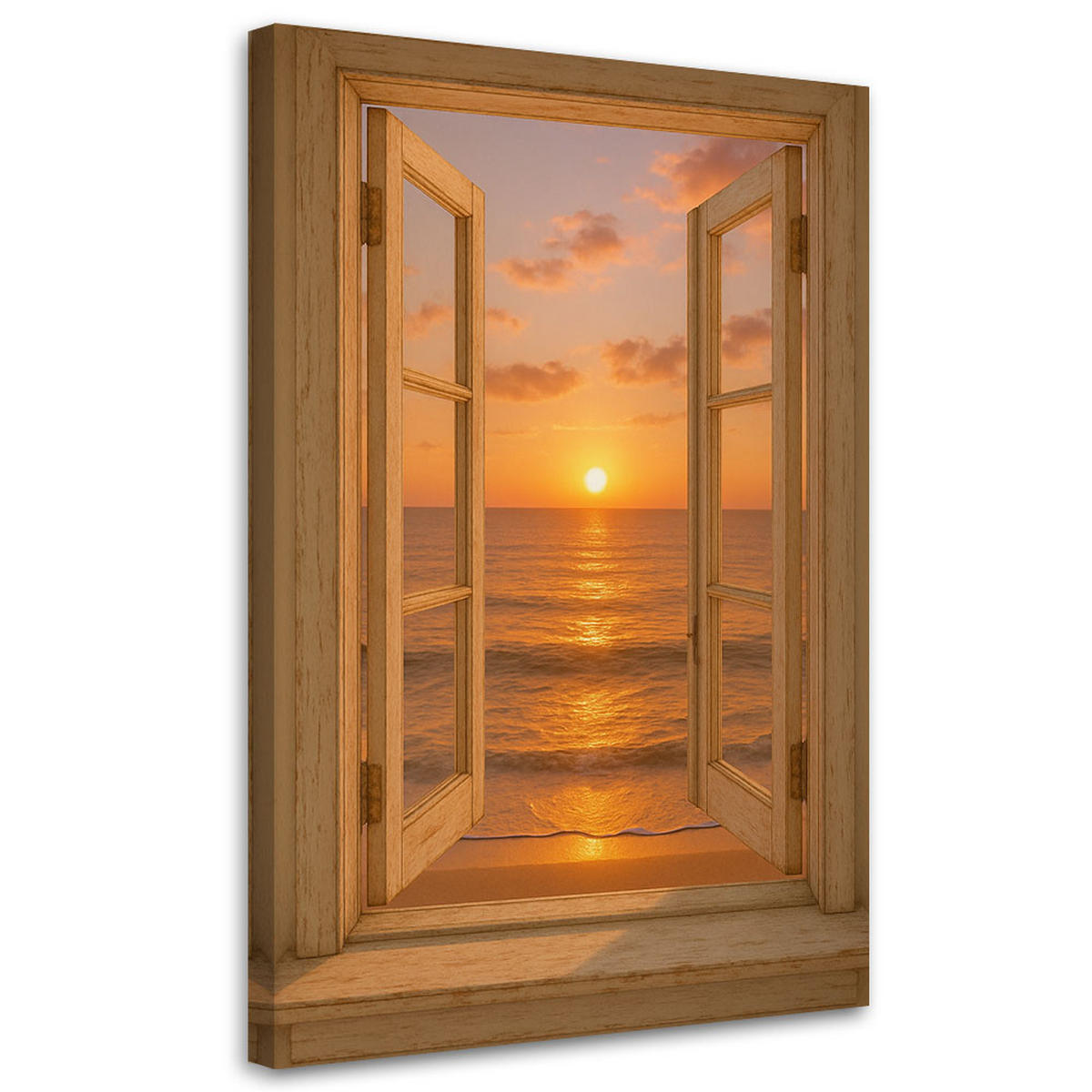 LEINWANDBILD Blick aus einem Fenster auf den Sonnenuntergang am Strand 40x60cm - Beige, Textil (40/60cm) - Feeby