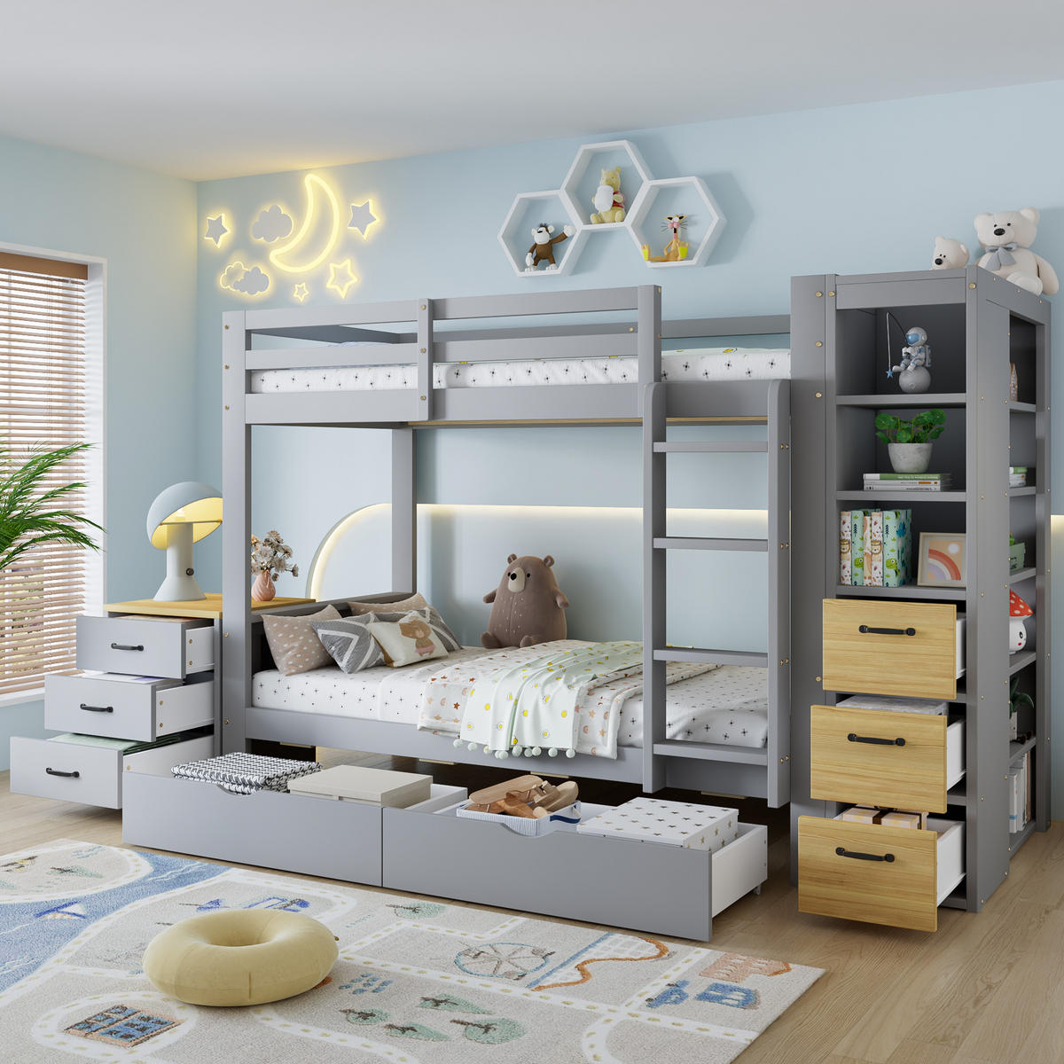 ETAGENBETT 90/200 cm mit 2 Bettkästen und Stauraumregal, DE-41776, in Grau - Grau, Holzwerkstoff (90/200cm) - ComfortXL