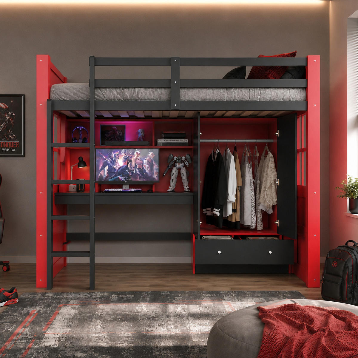 HOCHBETT 90/200 cm in Schwarz-Rot mit Schreibtisch, Stauraum und LED-Beleuchtung - Schwarz, Holz (90/200cm) - Flora Grace