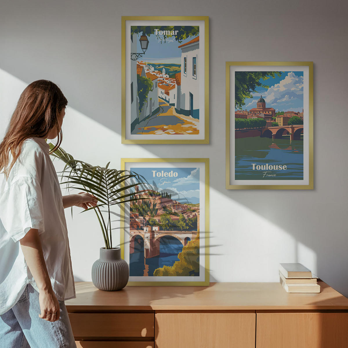 WANDBILDER 3er Set - 40x60 cm Goldrahmen - Retro-Stadtgrafiken - Goldfarben, Kunststoff (40/60cm) - ArtPrintCave