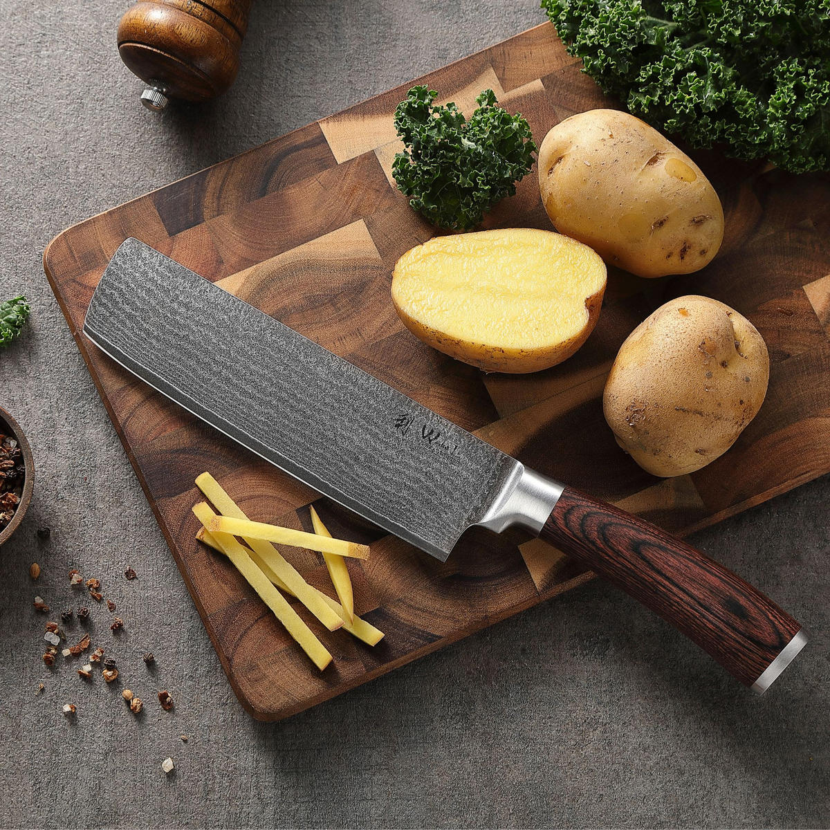 SANTOKU& Nakiri Messerset aus Damast I EDIB - Braun, Holz/Holzwerkstoff - Wakoli