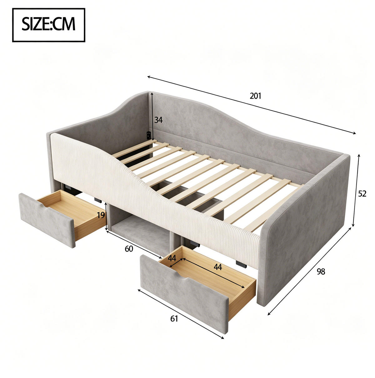 KINDER-POLSTERBETT 90x190 cm in Grau mit Schutzgitter und 2 Schubladen - Grau, Textil (90/190cm) - IVMEU