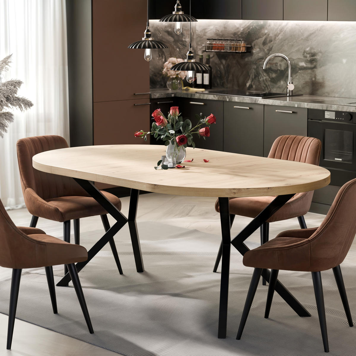 AUSZIEHTISCH MILTON 120-196/76 cm mit Metallgestell, Schwarz / Artisan-Eiche - Schwarz/Eiche Artisan, Holzwerkstoff/Metall (120/120/76cm) - Idohome