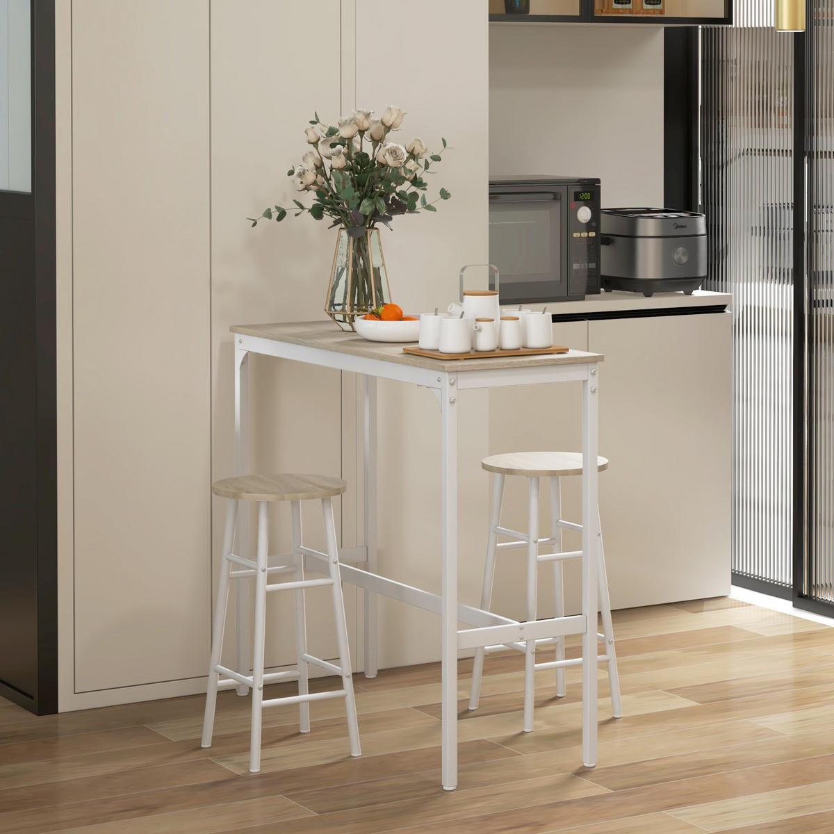 BARTISCH-SET DE-14727 2 Hocker mit Fußstütze Holzoptik/Weiß - Eichefarben, Holzwerkstoff (105/40/90cm) - ComfortXL
