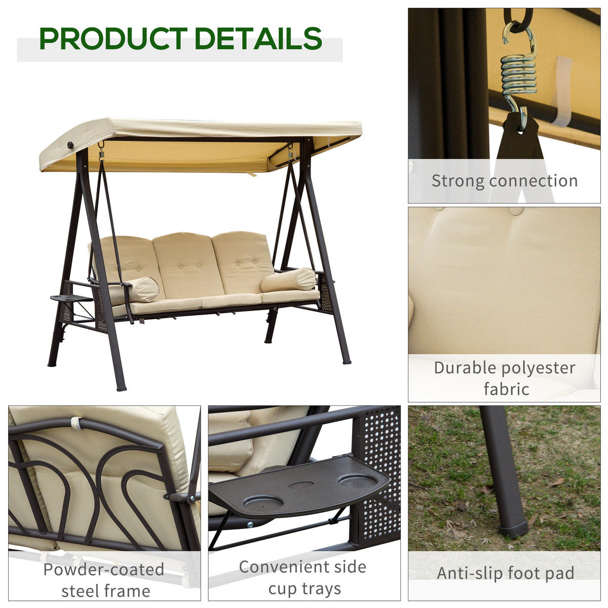 GARTENSCHAUKEL 3-Sitzer mit Sonnendach Kissen Metall Kunststoff Beige+Braun - Beige/Braun, Kunststoff/Metall (208/172/120cm) - Outsunny