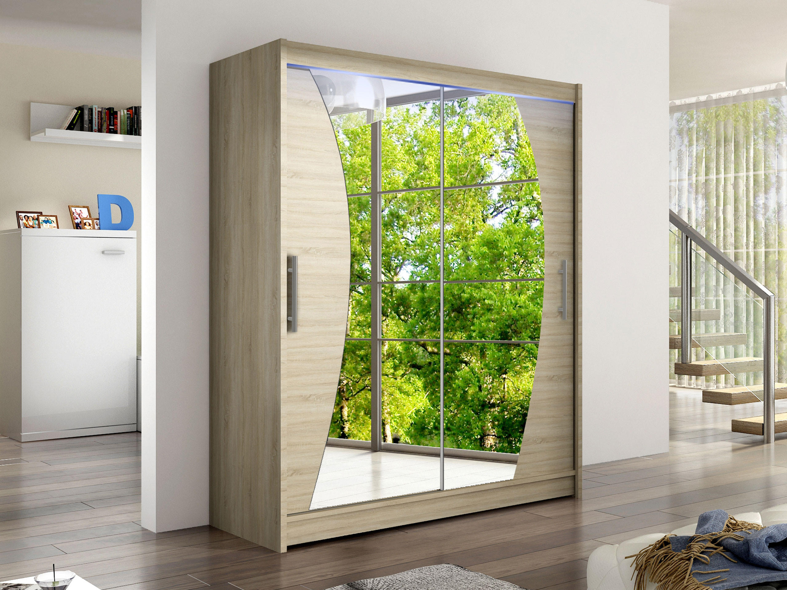 SCHWEBETÜRENSCHRANK Westa X, mit RGB LED Beleuchtung - Silberfarben/Sonoma Eiche, Holzwerkstoff/Metall (150/200/58cm) - MIRJAN24