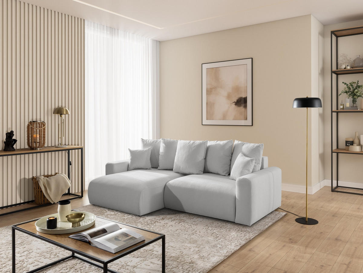 ECKSOFA Calma mit Schlaffunktion und Bettkasten im Bumpy-Design aus weichem Grau Webstoff - Ottomane links - Schwarz/Grau, Holz/Kunststoff (239/140cm) - S-Style