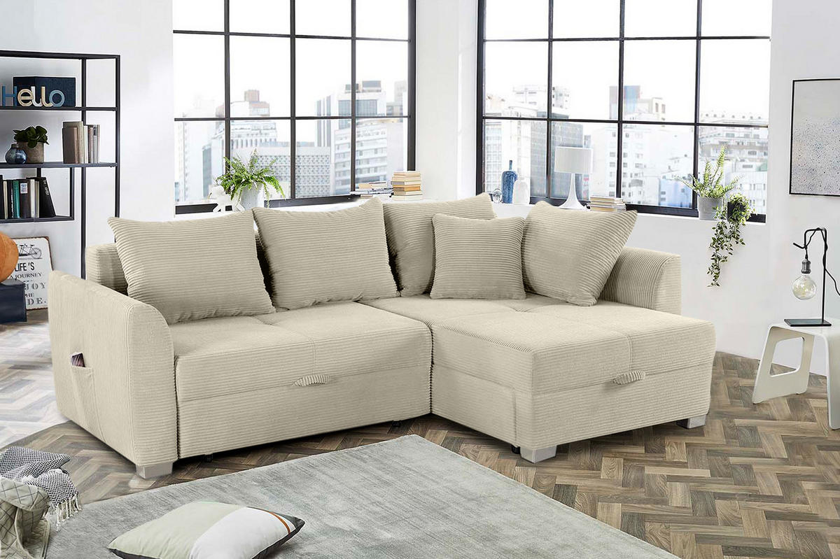 ECKSOFA mit Schlaffunktion und Bettkasten, seitenverkehrt montierbar B236/T160/H81 cm, Liegefl. 142x202 cm, Cord Grau Beige / 15201 - Chromfarben/Greige, Kunststoff/Textil (236/160cm) - luma-home