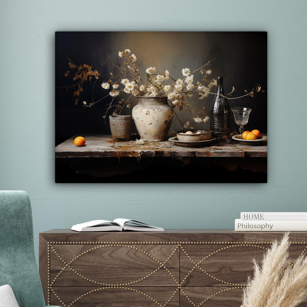 LEINWANDBILD Stilleben - Blumen - Blumenstrauß - Vase - Wein Wandbilder 80x60 cm - Schwarz, Textil (80/60cm) - MuchoWow