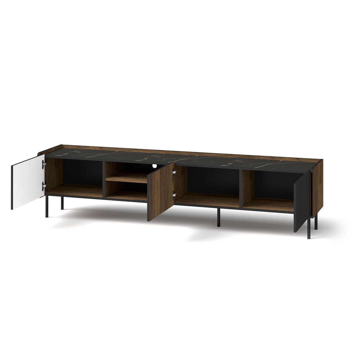 RTV-SCHRANK Prestigo Schwarz, Warmia Walnuss, Dreitüriger TV-Tisch - Walnussfarben/Schwarz, Holzwerkstoff (200/47/40cm) - Bettso