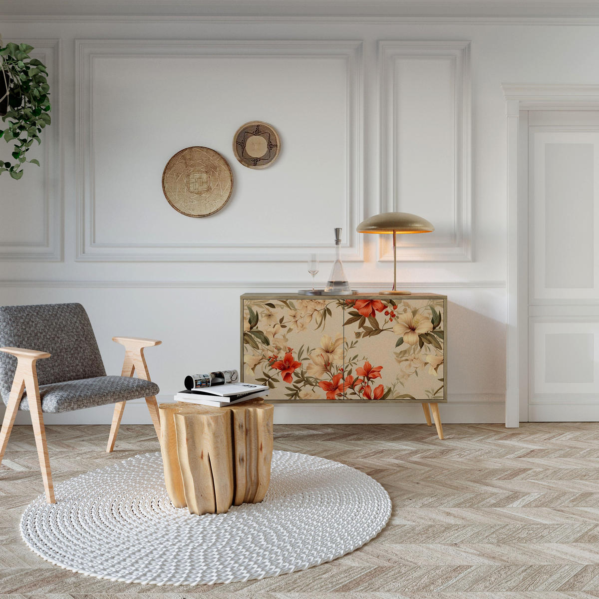 SIDEBOARD BLOOMING HARMONY, Eicheneffekt, 111x42x77,5 cm, 2 Türen - Eichefarben/Buchefarben, Holzwerkstoff/Buchenholz (111/77.5/42cm) - SpaceRebels