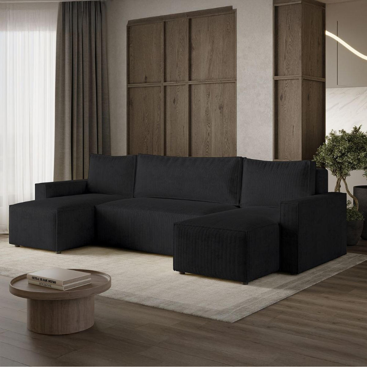 ECKSOFA LIVIO U mit Schlaffunktion und Bettkasten – Moderne Wohnlandschaft in U-Form (POSO 135) - Schwarz, Holz (300/90/142cm) - Dekori_Interiors