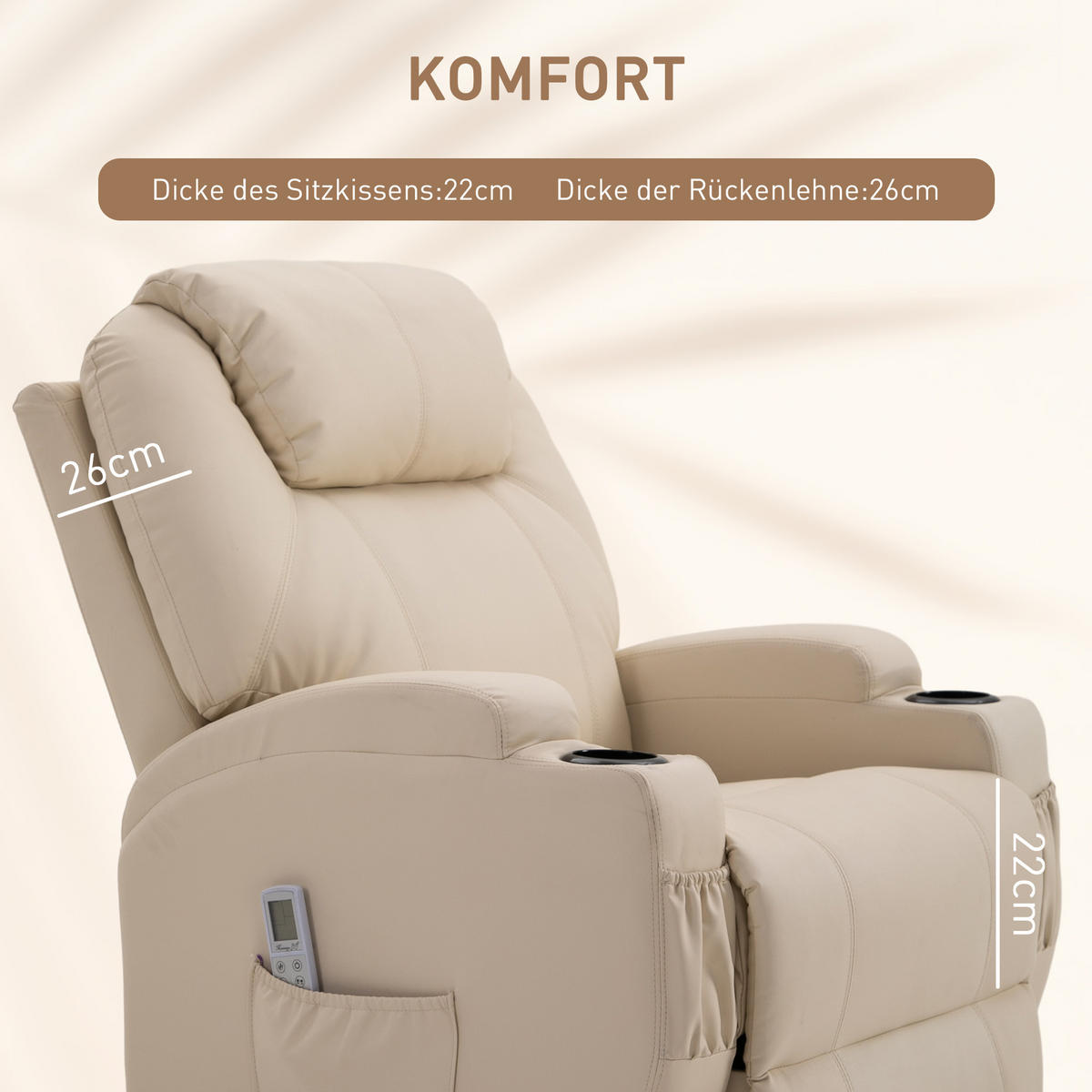 MASSAGESESSEL elektrisch Relaxsessel Fernsehsessel Liegefunktion Beige - Beige/Schwarz, Leder/Metall (97/110/82cm) - HOMCOM