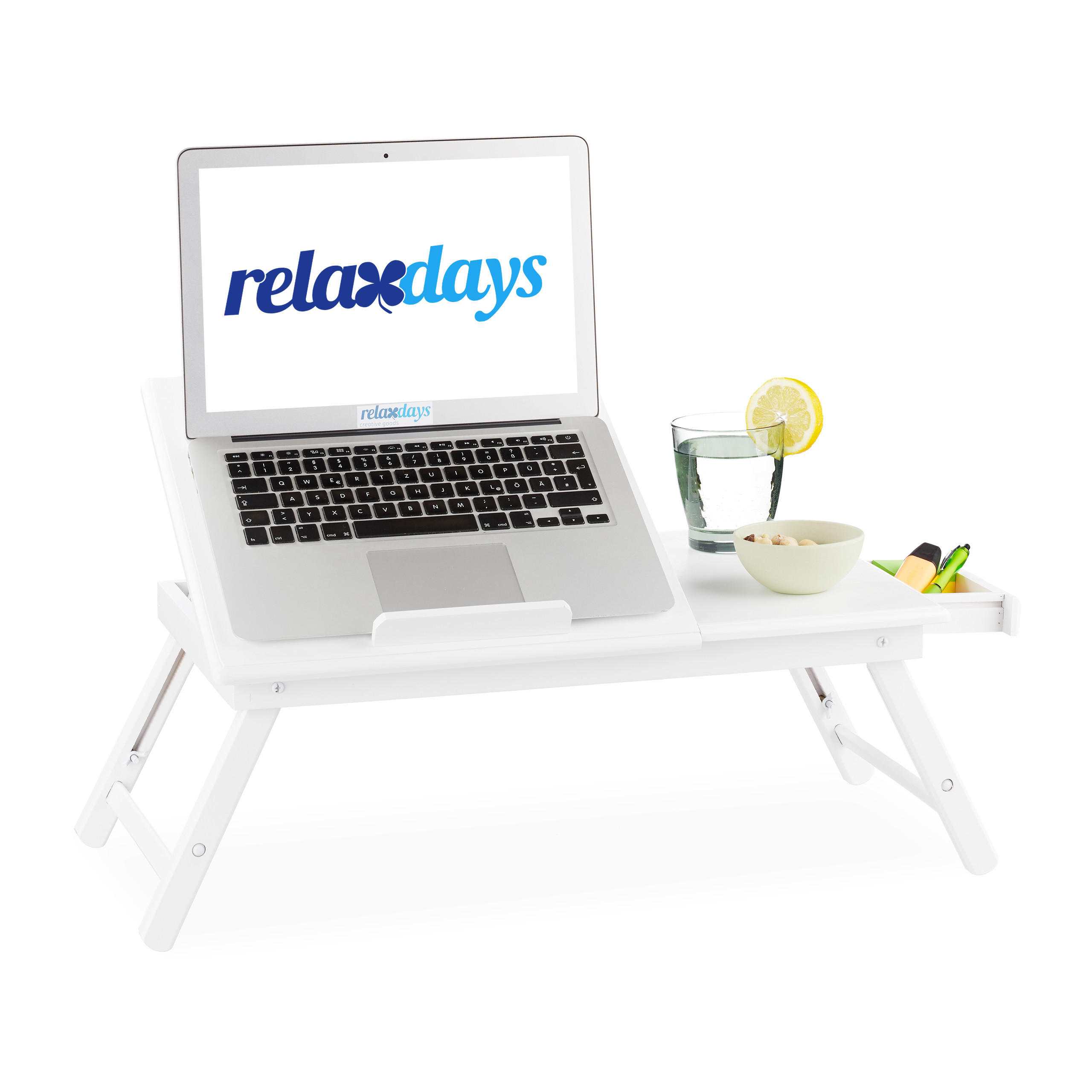 LAPTOPBORD Vit bambu hopfällbart med låda - Vit, Trä (35/60/24cm) - Relaxdays