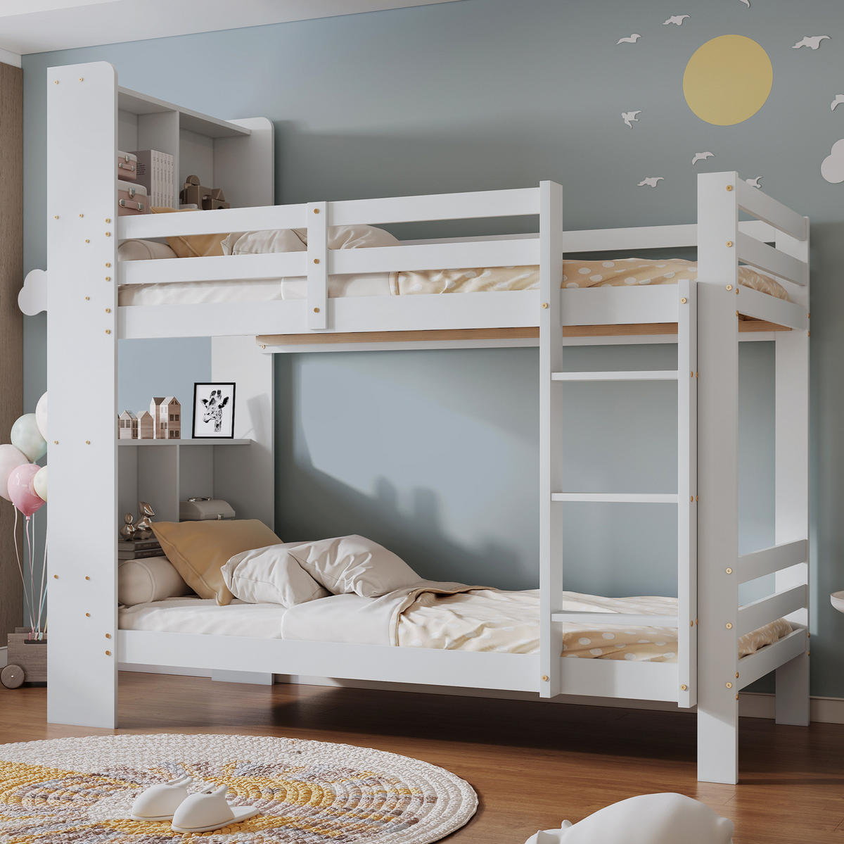 ETAGENBETT aus Massivholz und MDF 90x200 cm Weiß mit Regalen, rechtwinkliger Leiter und Stauraum - Weiß, Holzwerkstoff (90/200cm) - Modfu