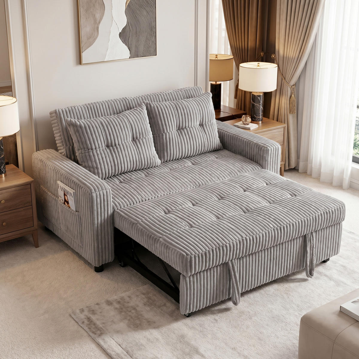 BÄDDSOFFA i polyester och stål, ljusgrå - Svart/Ljusgrå, Trä/Textil (90/91/157cm) - HOMCOM