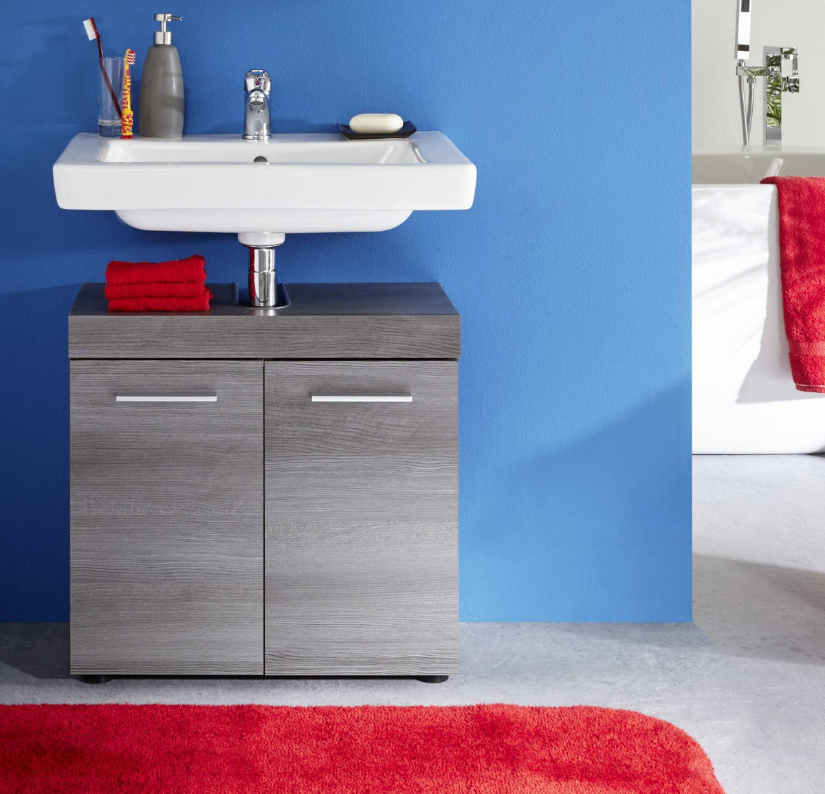 WASCHBECKENUNTERSCHRANK grau Rauchsilber 58 cm, Badschrank 2-türig - Silberfarben/Schwarz, Holzwerkstoff/Kunststoff (58/57/31cm) - Top.Furn